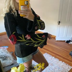 big sleeve embroidery black floral sweater